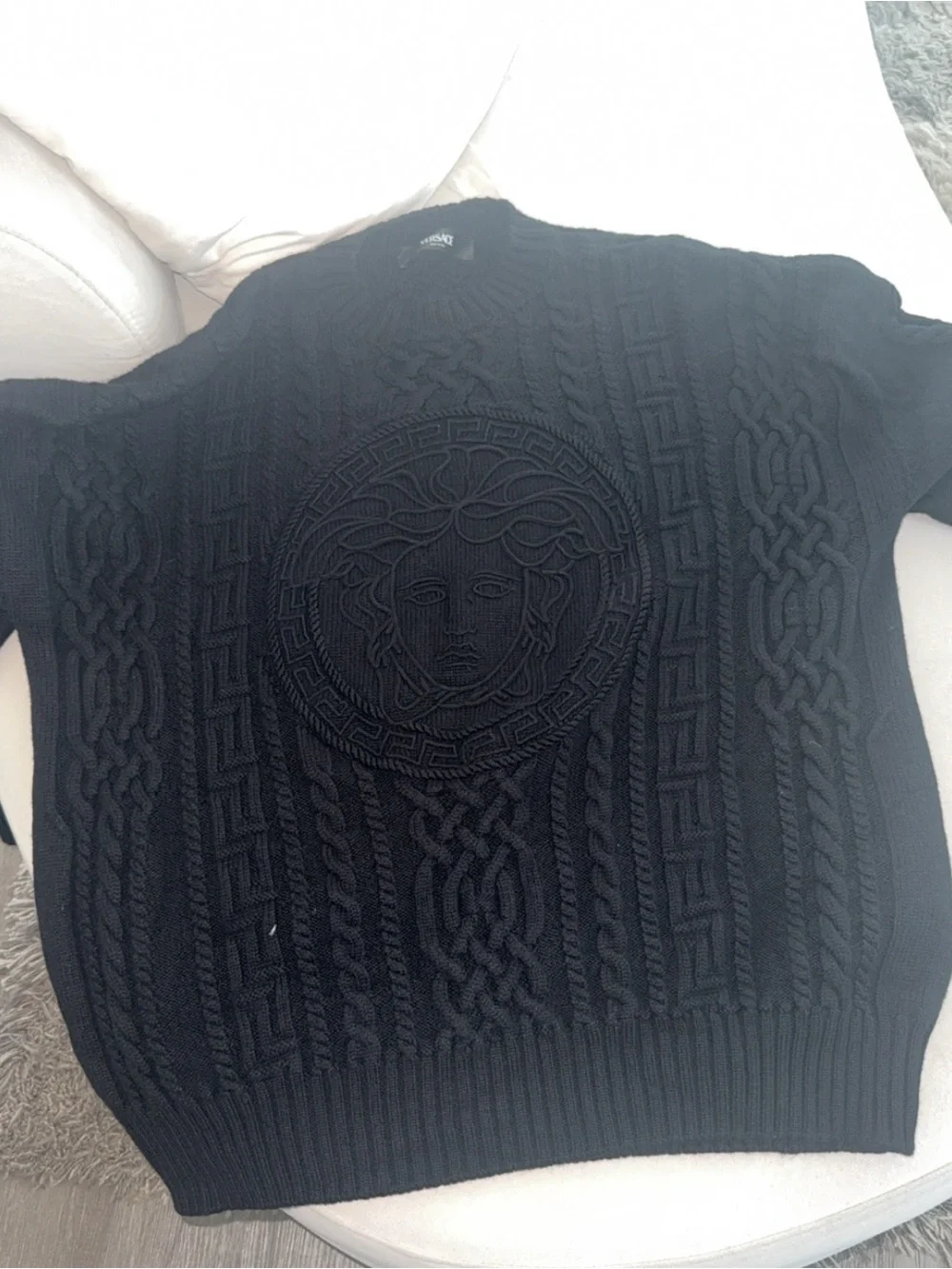 Versace Black Cable-Knit wool Medusa Embossed Crewneck Sweater